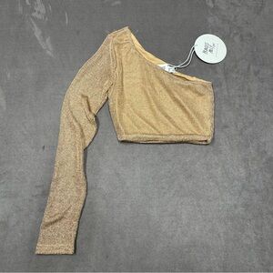 Princess Polly gold metallic one shoulder long sleeve crop top women’s US 0 NWT